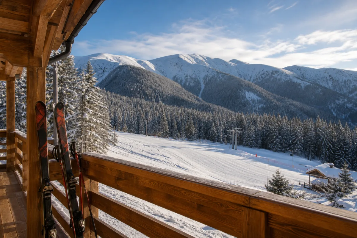 Vedere de pe balconul unei cabane spre o pârtie mică la poalele munților împăduriți, dimineața