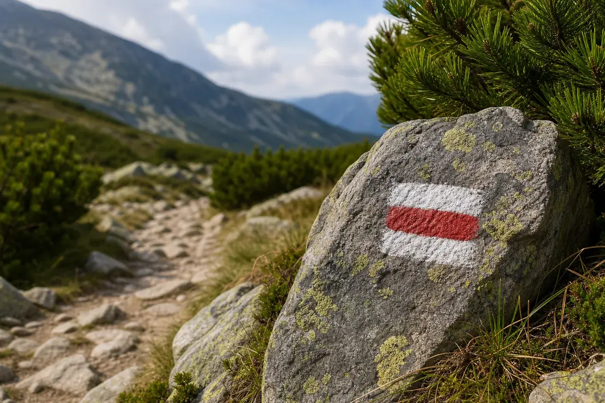 Marcaj de traseu turistic vopsit pe o stâncă, pe o potecă alpină printre jnepeni