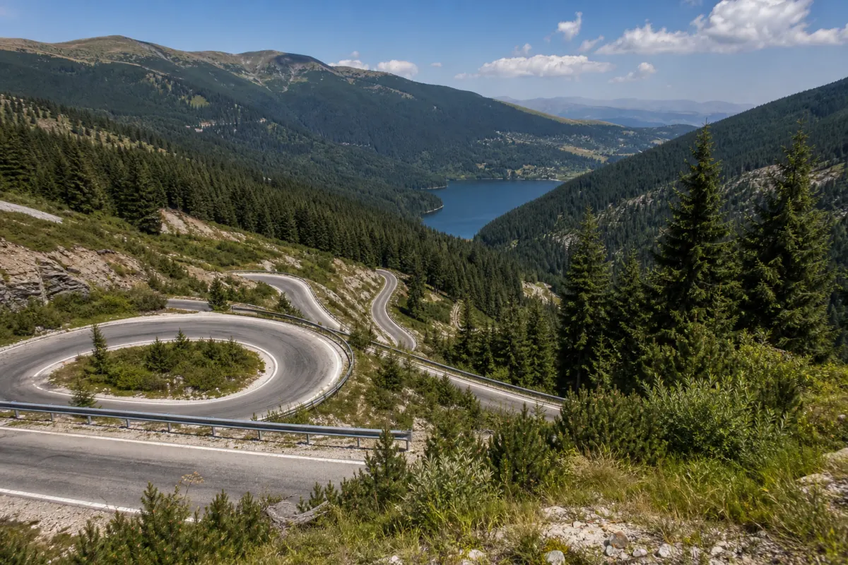 Drum de munte îngust cu serpentine urcând prin pădure de conifere către Lacul Vidra