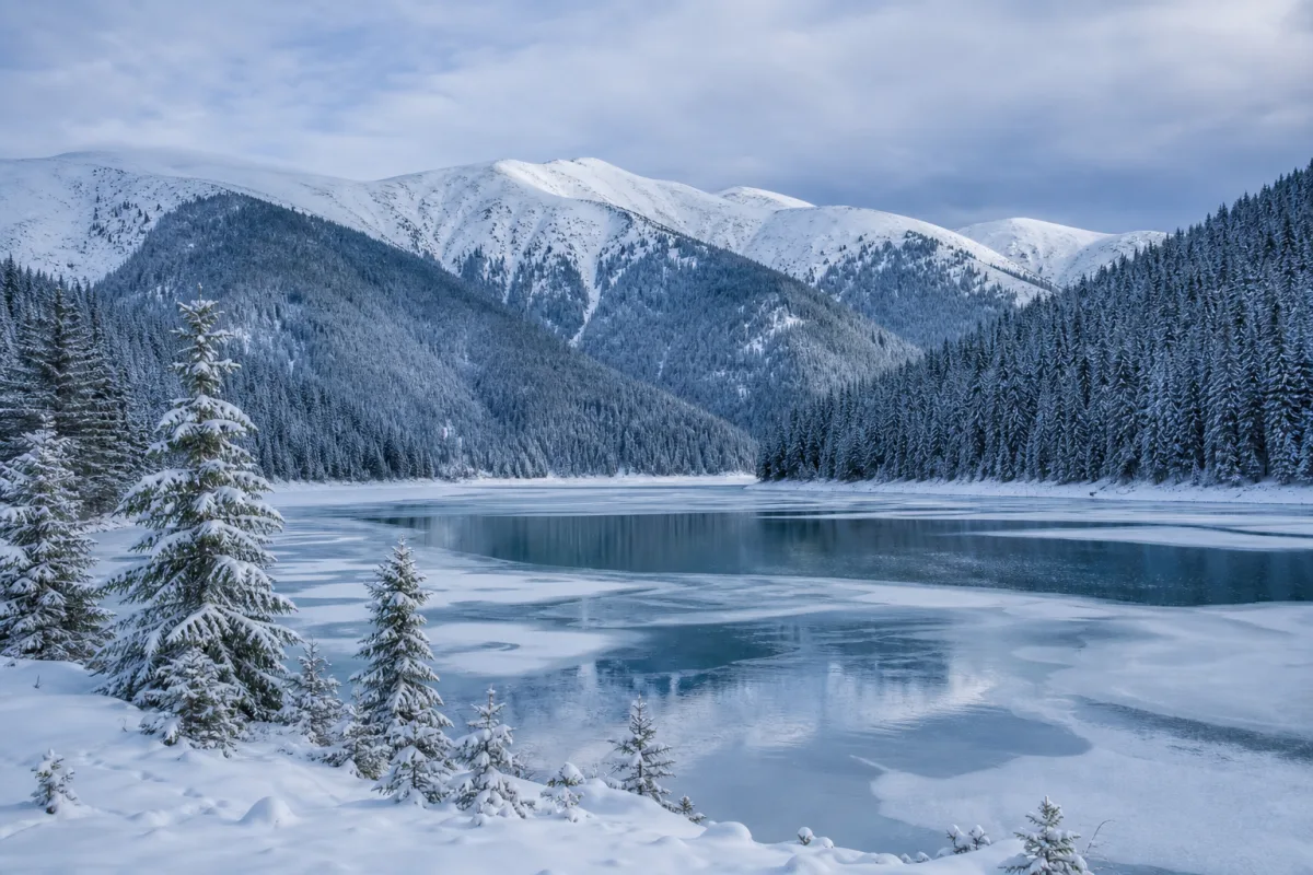 Lacul Vidra iarna, parțial înghețat, cu păduri de molid acoperite de zăpadă și vârfuri albe
