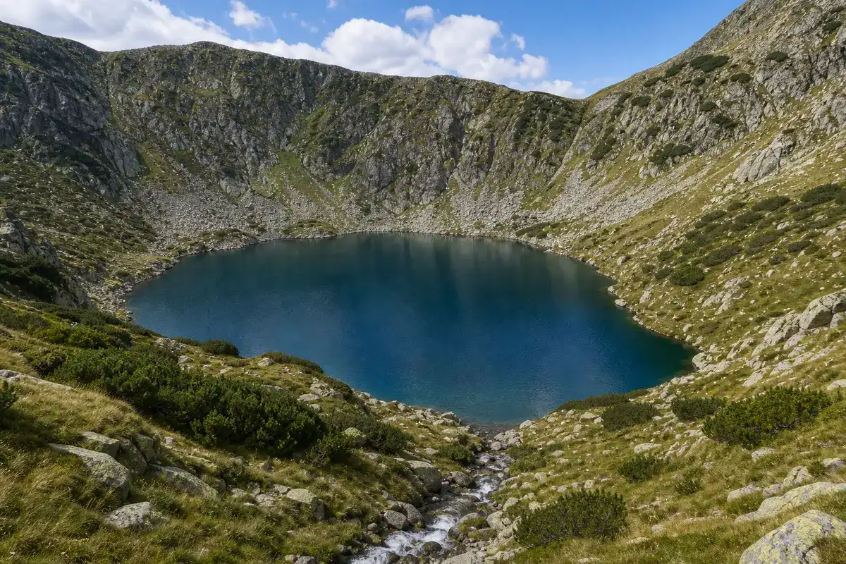 Lacul Câlcescu, cel mai mare lac glaciar din Parâng, înconjurat de pereți stâncoși și jnepeni