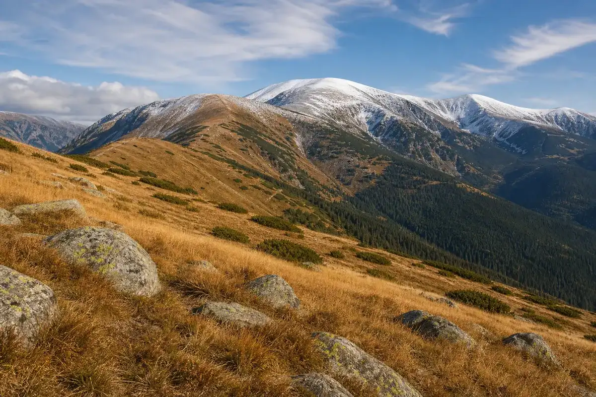 Pajiști alpine din Parâng colorate de toamnă, cu primele petice de zăpadă pe vârfuri