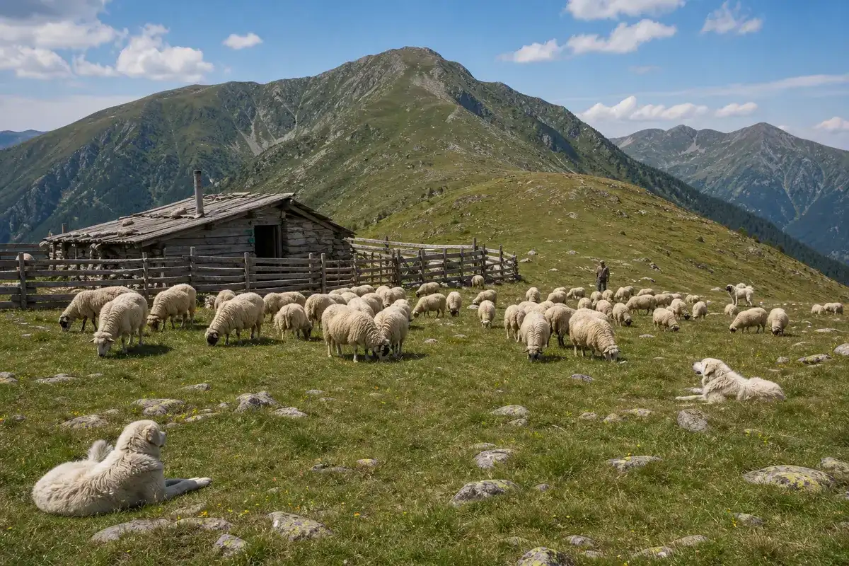 Stână tradițională pe o pajiște alpină din Parâng, cu oi și câini ciobănești