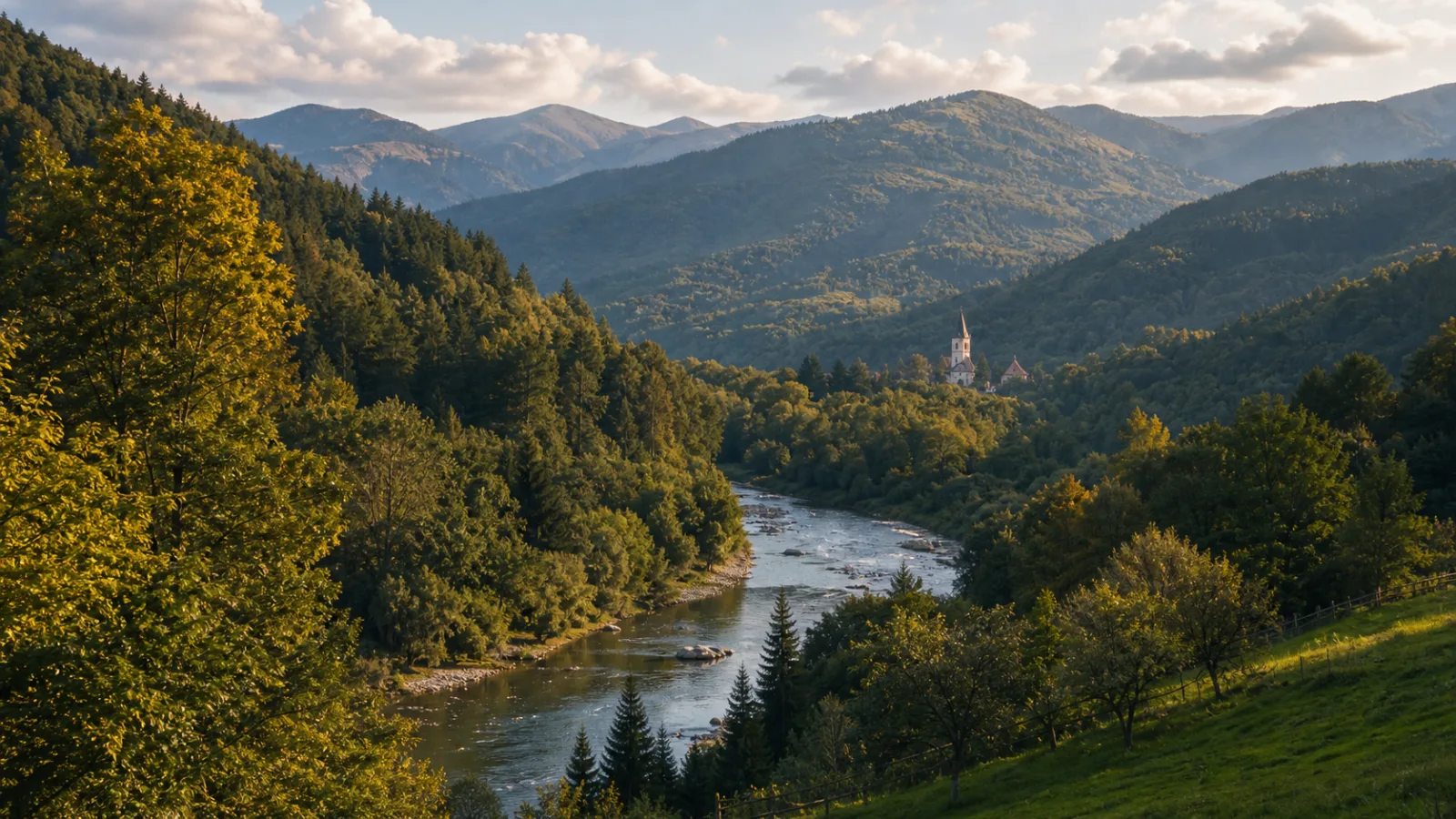 Peisaj din județul Vâlcea cu dealuri împădurite, o vale de râu și o mănăstire în depărtare