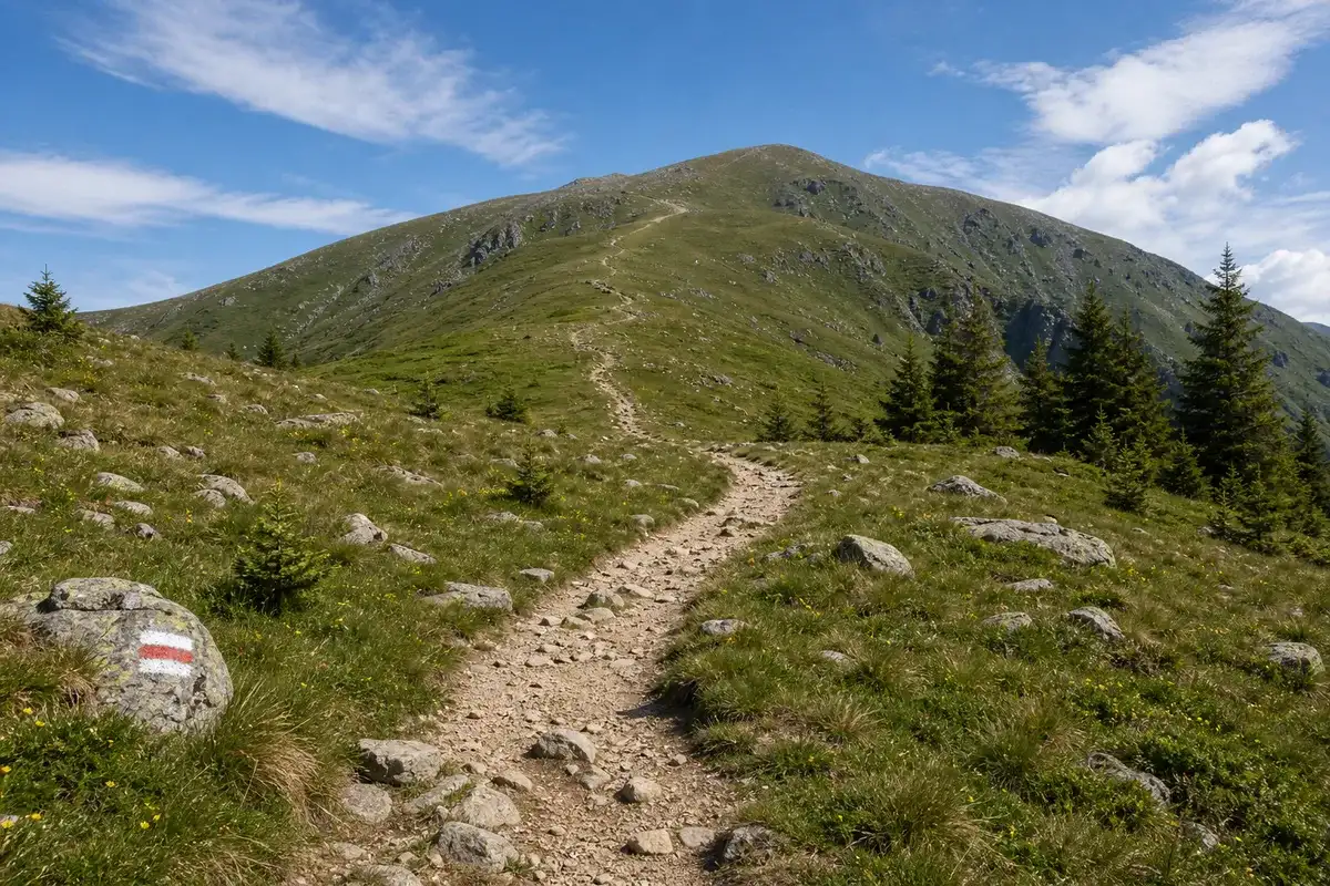 Începutul unui traseu montan în Parâng, potecă urcând prin pajiști alpine spre creastă